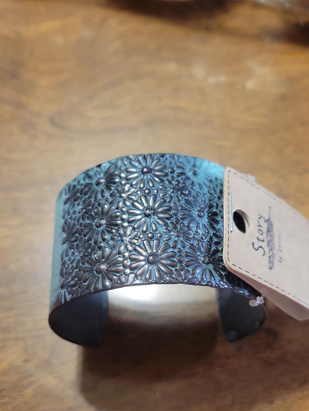 476- STORY By DaVinci Teal Floral Embossed Metal Cuff Bracelet